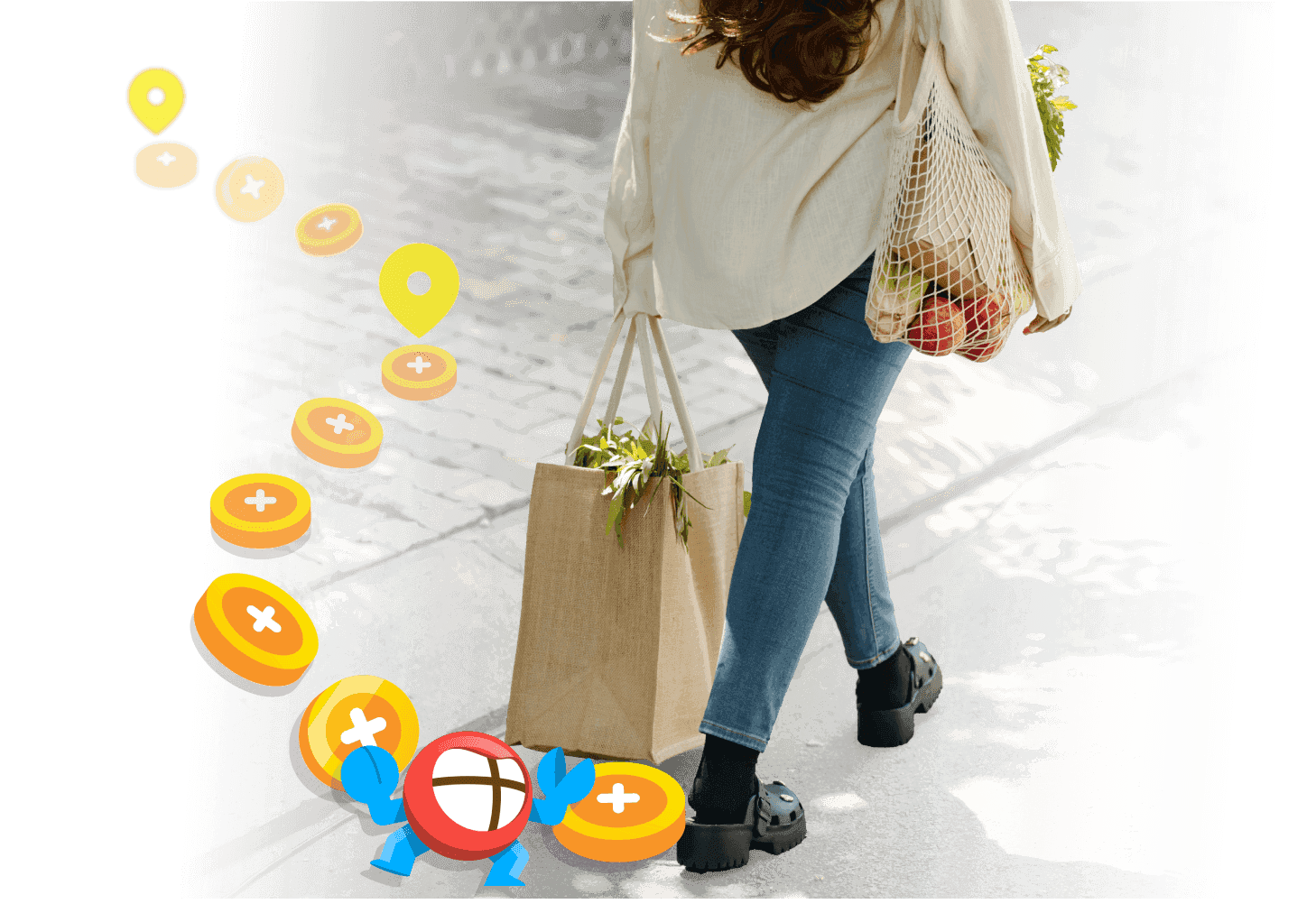 Shopper walking with grocery bags and Fetch points trailing